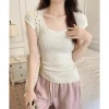Summer U-neck knitted base short-sleeved T-shirt for women, a thin, wide-neckline, pure and spicy girl style slimming short top Application Scenario